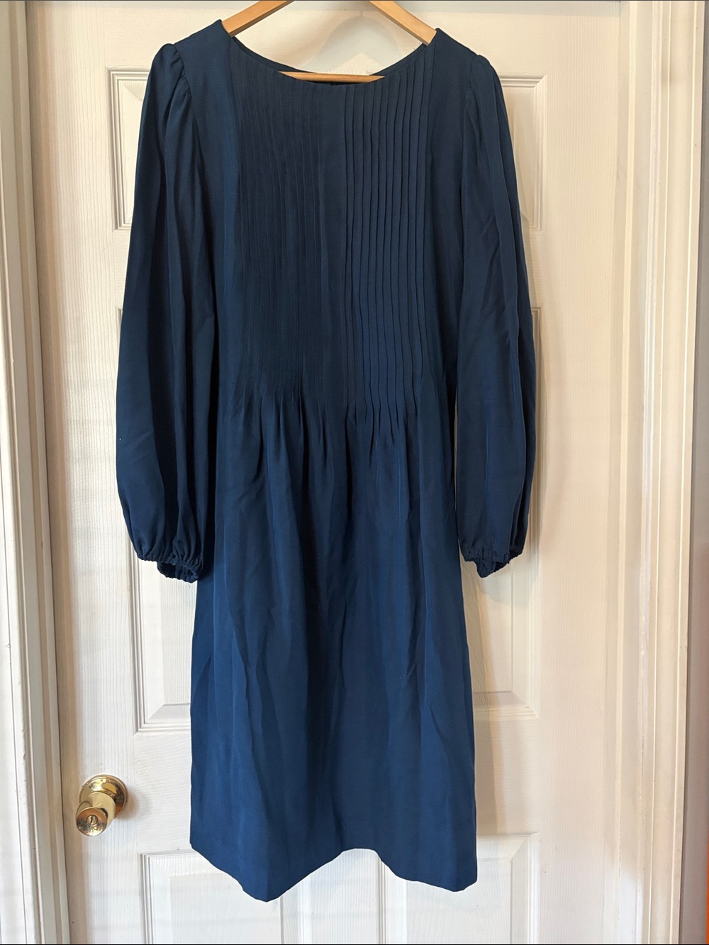 Navy Pleated Long Sleeve Midi Dress